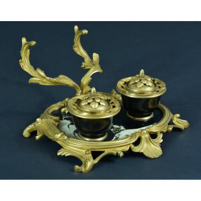 Beautiful Louis XV Rocaille Desk Inkwell Gilt Bronze Pen Holder Signed Millet François Linke Inkwel