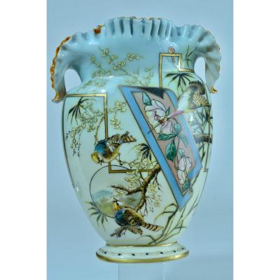 Antique Opaline Vase Email Napoleon 3 Saint Louis Baccarat Rose Crane Japonisme