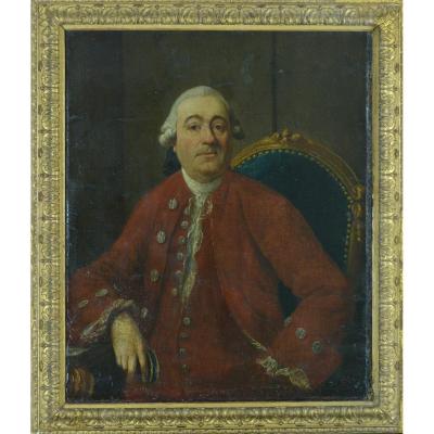 Large Old Painting Portrait Man Wig Red Costume Louis XV Period Frame