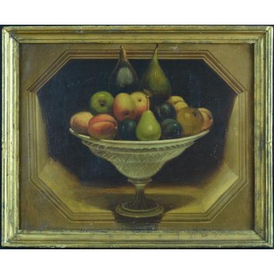 Antique Painting Trompe l'Oeil 18th Still Life Alcove Fruit Cup