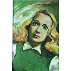 Old Painting Portrait Young Blonde Woman 1950 Pin Up Cinema Schmidt Harcourt Actress