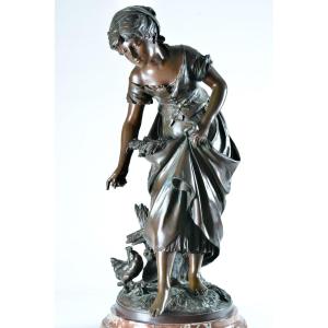 Large Old Bronze Portrait Woman The Farmer Hens Mathurin Moreau 19th