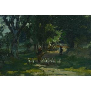 Henri Saintin Painting Old Brittany Impressionist The Guardian Of Geese 19th