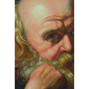 Beautiful Old Religious Painting Portrait Man Saint Antoine Abbot Frame 19th Signed