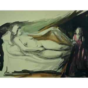 Pedro Creixams Old Drawing Portrait Young Naked Oriental Woman On Sofa Morocco