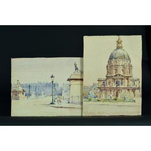Old Painting Animated View Invalides Paris Gardener Bridge Watercolor Signed X 2 Drawing
