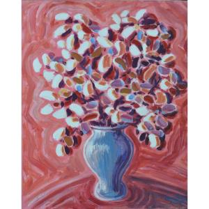 Pissaro Modern Painting Bouquet Of Flowers On A Red Background Still Life Signed