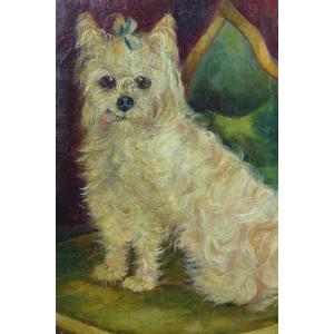 Old Yorkshire Dog Portrait Painting Signed 19th Antique Dog Painting 19th