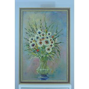 Old Large Still Life Painting Bouquet Of White Sunflower Flowers Signed 1950 Decor Design