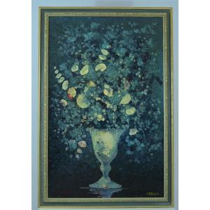 Old Large Still Life Painting Bouquet Of Morning Glory Flowers Signed 1950