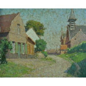 Simon Monnatte Beautiful Old Painting Summer Street View Bourghelles Lille Impressionist