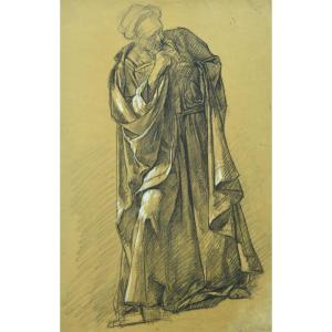 Auguste Bigand Old Painting Drawing Portrait Of A Man On Foot French School Renaissance Rare