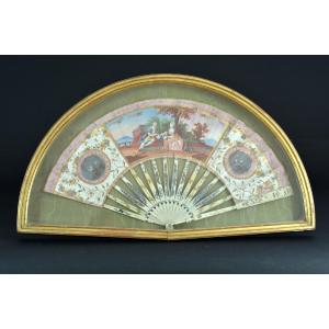 Old Fan Decor Painted Galante Scene Golden Wood Frame Louis XVI 18th