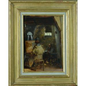 Beautiful Old Painting Workshop Scene Monk Painter At The Easel Esp. Granet