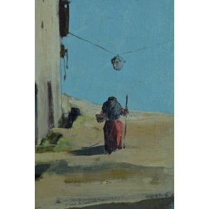 Old Portrait Painting Provence Italy Peasant Street Village Lantern 19th Signed Frame