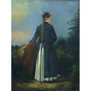 Old Painting Portrait Of Young Swiss Woman Traditional Costume Headdress Hst