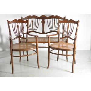 Old Art Nouveau Garden Furniture Wood Cane Bench Armchair Fischel Vienne 3p