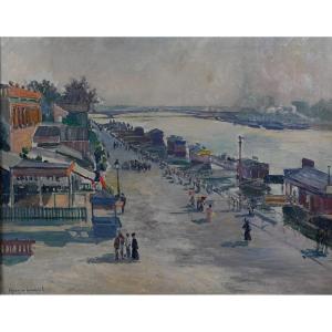 Henry Laurent Old Painting Paris Belle Epoque La Seine Animated Eiffel Tower 19th Landscape Boat