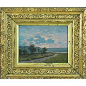 Arres Lapoque Old Painting Sunset Landscape Lot Dordogne Shepherd Herd