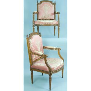 Antique Louis XVI Silk Gadroon Armchair Carved Plumet Wood 18th Time X 2 Style Of  Séné