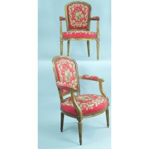 Antique Louis XVI Armchair Tapestry Carved Wood Horseshoe 18th Time X 2