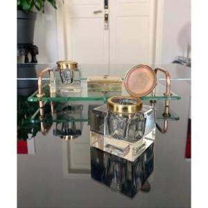 Modernist Art Deco Inkwell In Crystal And Brass