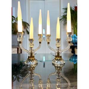 Pair Of Table Lamps - Art Deco Girandoles In Glass And Fake Opaline Candles