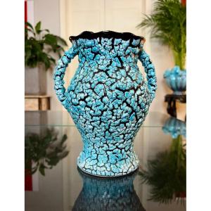 Vintage Vallauris Ceramic Vase - Blue And Black