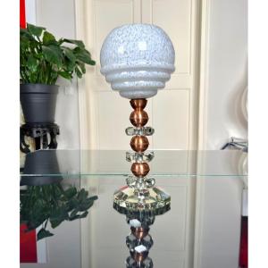 Art Deco Crystal And Copper Table Lamp - Globe Clichy White