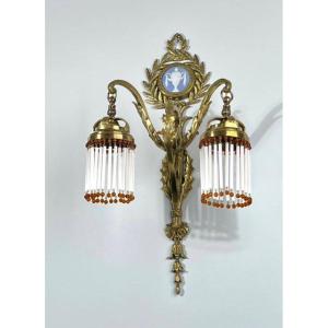 Wall Lamp In Porcelain Bronze And Glass Beads - Late Nineteenth Early Twentieth Century