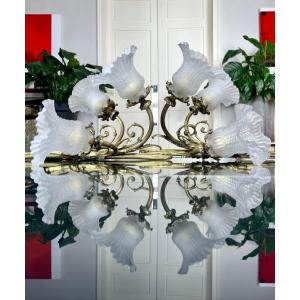 Pair Of Wall Sconces In Bronze And Frosted Glass Tulips