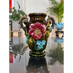Earthenware Slip Vase - Hollyhock - Myosotis - Acanthus Leaves