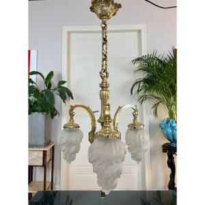 Louis XVI Inspired Bronze Chandelier - Frosted Glass Globes - Late 19th Early 20th Century