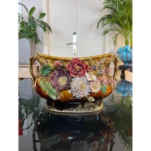 Barbotine Planter In 1900 Style - Earthenware Planter