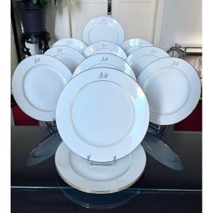 12 Flat Plates With Gold Fillet Decor - Limoges Porcelain - Monograms 