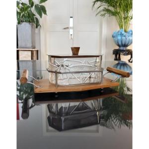 Glass Biscuit Box - Wood And Metal Tray - Art Deco Biscuit Maker
