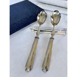 White Metal Salad Servers - Serving Spoon Set - Art Deco