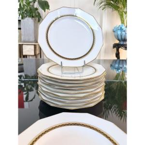 11 Art Deco Polygonal Dinner Plates - Limoges Porcelain - A. Lanternier
