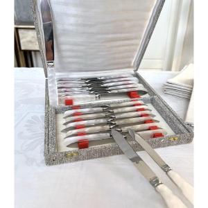 12 Vintage Table Knives And 12 Dessert Knives - Mother-of-pearl Effect Handle And Stainless Steel Blades