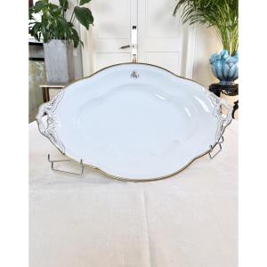 Large Oval Serving Platter - Jean Pouyat Limoges Porcelain - Monograms - Old Paris