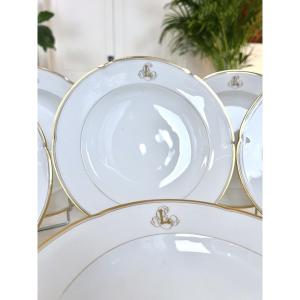 Set Of 10 Limoges Porcelain Soup Plates - Jean Pouyat - Monograms - Old Paris