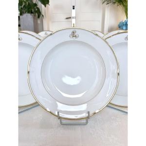 12 Monogrammed Soup Plates - Limoges Porcelain - Jean Pouyat - Vieux Paris
