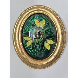 Oval Frame In Gilded Wood With Gold Leaf - Cabinet Of Curiosities - Butterflies - Napoleon III - 19th Century