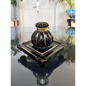 Porcelain Inkwell - Pen Holder Tray With Brass Hinge - Art Deco 1930-40