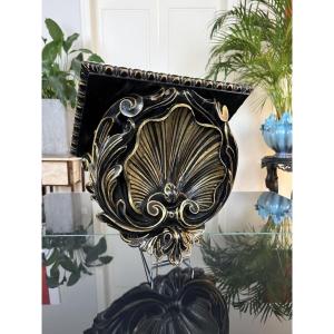 Napoleon III Wall Console - Blackened Carved Wood - Baroque Decor Shell Acanthus Leaves