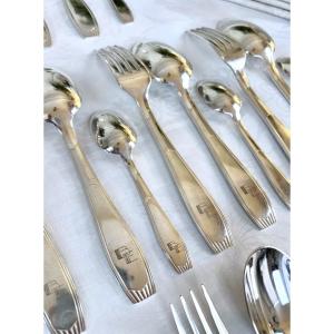 38-piece Art Deco Cutlery Set In Alfenide - Monograms - Christofle Goldsmith