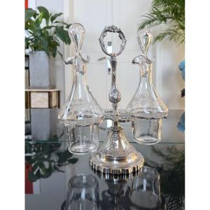 Blown Glass Oil And Vinegar Cruet - Silver-plated Regule Serving Stand - Early 20th Century