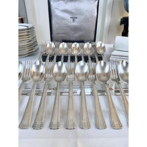 Art Deco White Metal Cutlery - Silversmith Roux Marquiand - Fork And Spoon Set