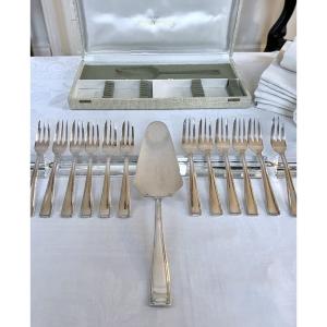 Silver-plated Metal Dessert Forks And Cake Server - Art Deco