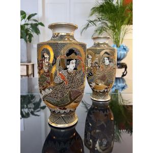 Satsuma Japanese Vases - Polychrome Glazed Earthenware - Late 19th/early 20th Century